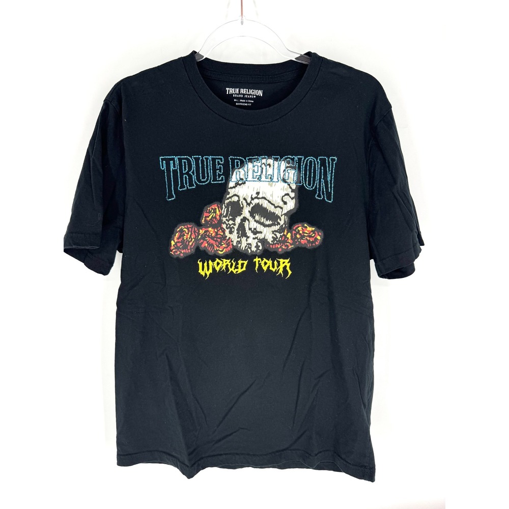 True Religion Womens World Tour Skull BF Tee Black Crystal Graphic‎ T-Shirt M-L